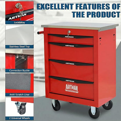 4-Drawer Rolling Tool Chest with Stainless Steel Countertop,Tool Chest with Secure Locking System,Mobile Storage Tool Cabinet with 360°Wheels and Padded Feet,for Home,Garage (Red)