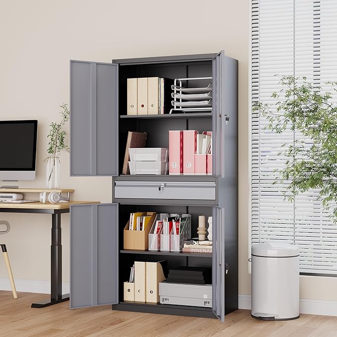 Metal Storage Cabinet with Drawer, Garage Storage Cabinet with Locking Doors and Adjustable Shelves for Garage, Home Office,Warehouse