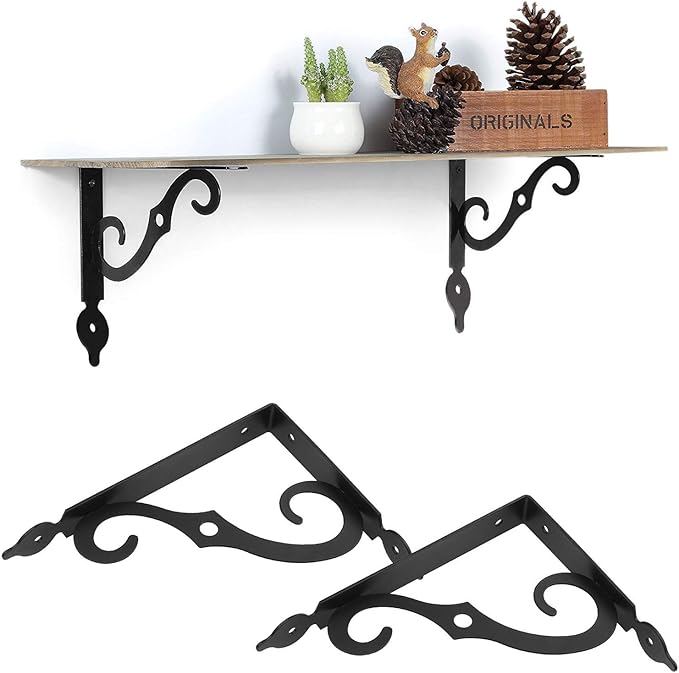 Acrux7 4 Pack Shelf Brackets 7.5X5.5 inch Thicken Iron Corner Brace Shelf Support Heavy Duty Wall Shelf Brackets Black Decorative L Shelf Support for Home Office School