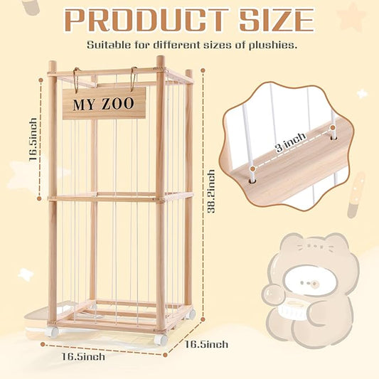 Stuffed Animal Storage Zoo with Wheels, Wooden Stuffed Animal Organizer with Elastic Cords, Space Saving Toy Plushies Storage Holder for Playroom, Bedroom, Living Room(Burlywood, Small)
