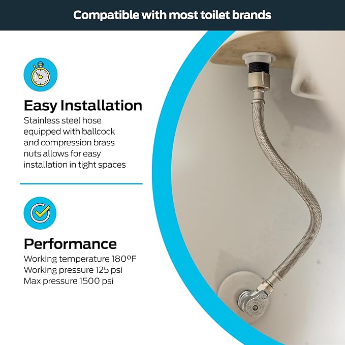 Eastman 16 Inch Steel-Flex Toilet Connector, Braided Stainless Steel Supply Line with 7/8 in Ballcock x 3/8 in Compression Ends, 48089