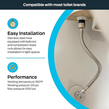 Eastman 16 Inch Steel-Flex Toilet Connector, Braided Stainless Steel Supply Line with 7/8 in Ballcock x 3/8 in Compression Ends, 48089