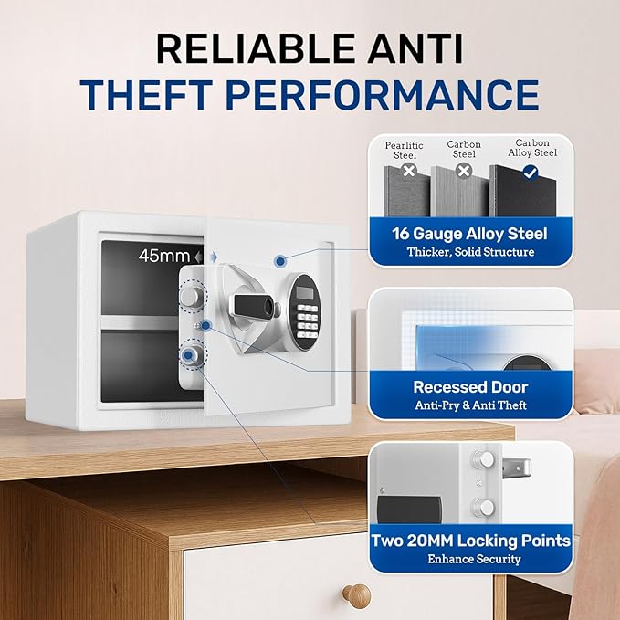 BlackSmith Biometric Safe 1.0 Cub Digital Home Security Safe with LCD Display Dual Alarm System Mute Mode Quick Access Fingerprint Recognition Lock Box for Money Jewelry, White