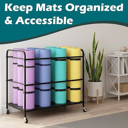 Yoga Mat Rack Storage Basket with Wheels,All-in-One Organizer for Yoga Mat Holder,Home Gym Equipment Storage Cart for Dumbbells, Kettlebells and Foam Rollers