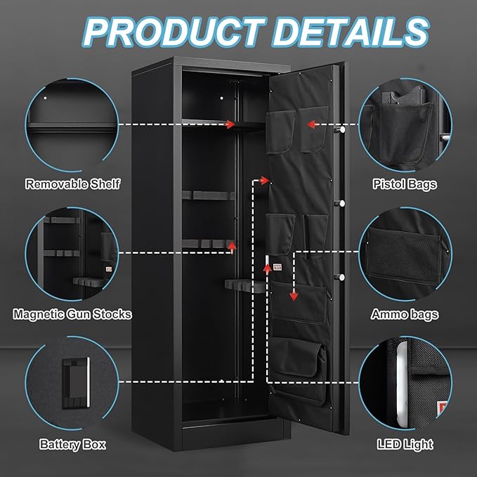 Marcree 8-12 Gun Locker, Gun Safe with Removable Shelf, Large Digital Rifle Gun Safe with Dual Alarm System, Shotgun Safes for Home Bedroom, Mute Function, LED Light, Ammo Bag