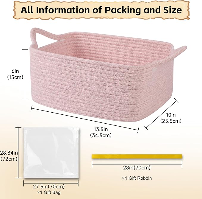 OIAHOMY Woven Basket, Gift Basket Empty with Gift Bags and Ribbons, Rope Baskets for Baby Showers, Storage Baskets with Handles for Nursery, Pet Toy Organizer - Mixed Pink