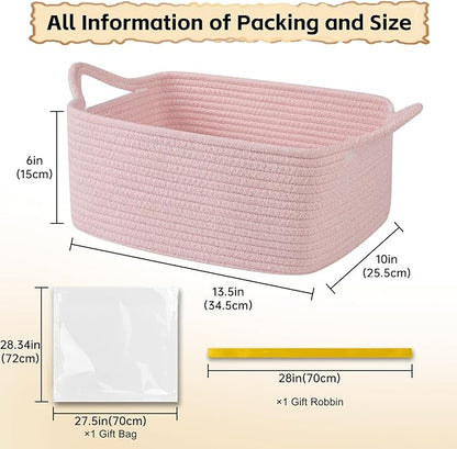 OIAHOMY Woven Basket, Gift Basket Empty with Gift Bags and Ribbons, Rope Baskets for Baby Showers, Storage Baskets with Handles for Nursery, Pet Toy Organizer - Mixed Pink