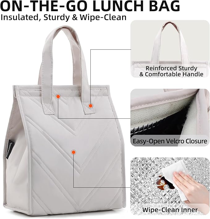 TELLUMO Lunch bag, Insulated Lunch Bag for Women Men Large Lunch Box Container Reusable Leakproof Tote for Office, Work, School, Beach or Travel (Q- Beige)