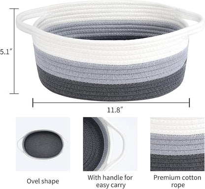 ABenkle Small Basket, 12"x 8" x 5" Cute Small Woven Basket, Rope Room Shelf Storage Basket, Cat Dog Toys Basket Chest Box, Decorative Empty Gift Basket with Handles - White & Grey & Dark Grey