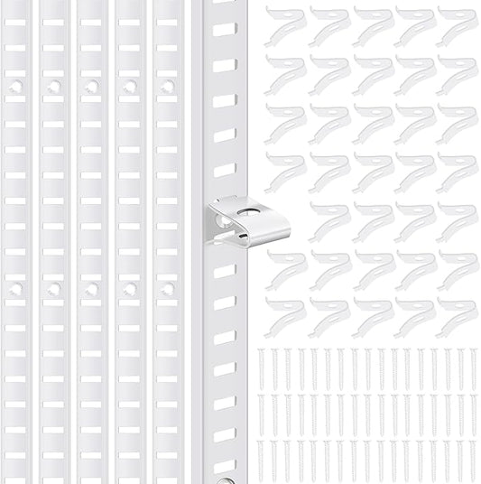 6 Pcs 36 Inch Metal Pilaster and 36 Pcs Cabinet Shelf Clips - Adjustable Shelf Rail Mortise Mount Pilaster Strip - Standard for Wall Bookcases Shelving System Closet Organization (White)