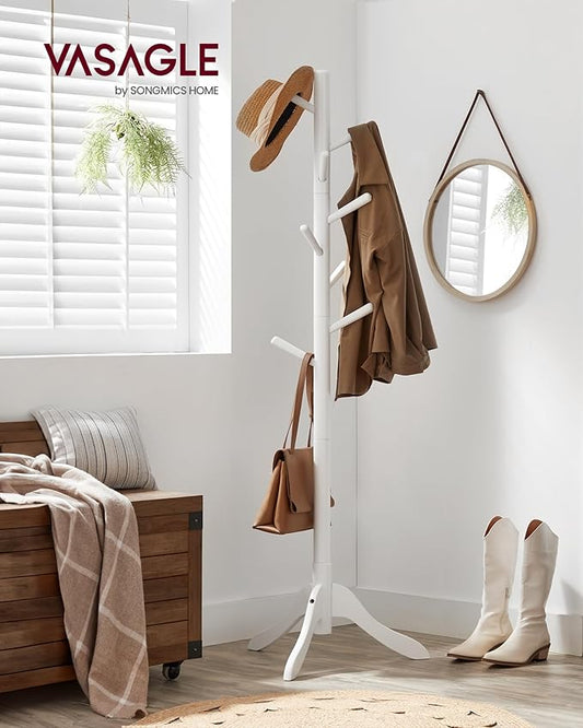 VASAGLE Solid Wood Coat Rack, Free Standing Tree-Shaped Coat Rack with 8 Hooks, 3 Height Options, for Clothes, Hats, Bags, Living Room, Bedroom, Home Office, Cloud White URCR01WT