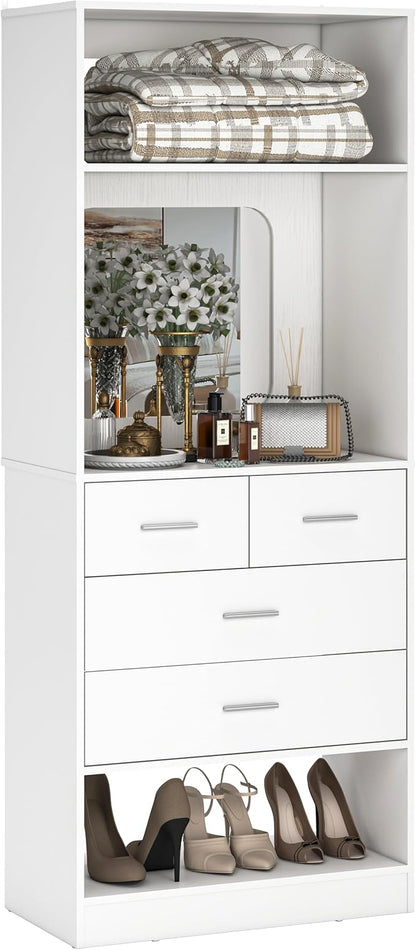 Unikito 25" Closet System with Drawers, 2FT Freestanding Closets Organizer with Storage Shelves and Mirror, Sturdy Walk in Closet Tower for Bedroom, Mudroom and Entryway, 25" W x 16" D x 80" H, White