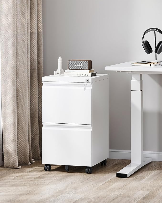 2 Drawer File Cabinet with Lock, Metal Under Desk Rolling Filing Cabinet fits Letter/Legal/A4 Size for Home Office, Mobile Filing Cabinets, Assemble Required, White