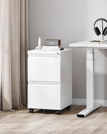2 Drawer File Cabinet with Lock, Metal Under Desk Rolling Filing Cabinet fits Letter/Legal/A4 Size for Home Office, Mobile Filing Cabinets, Assemble Required, White