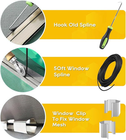 King&Charles Window Screen Door Repair/Replacement Kit, Include Gray Screen Mesh 59"x106"+ 2 Roller+50Ft Spline+8Clips+Hook, 6 in 1 Window Mesh Kit, Steel/Nylon Bearing Roller