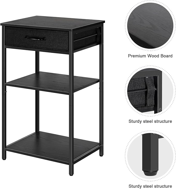 3 Tier Printer Stand Under Desk Small Printer Table with Storage Drawers Wood Printer Shelf Rack for Desk Black Side Table Nightstand for Home Office Organization