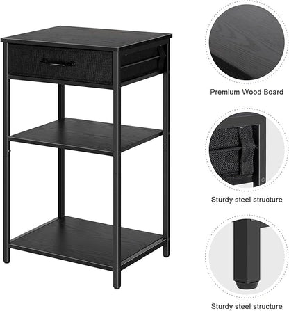 3 Tier Printer Stand Under Desk Small Printer Table with Storage Drawers Wood Printer Shelf Rack for Desk Black Side Table Nightstand for Home Office Organization
