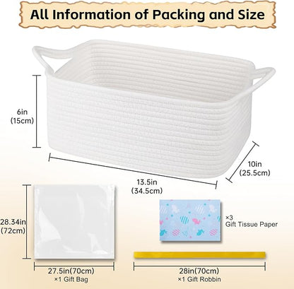 OIAHOMY Woven Basket, Gift Basket Empty with Gift Bags, Ribbons and Wrap Tissue Paper, Rope Baskets for Baby Showers, Storage Baskets with Handles for Nursery, Pet Toy Organizer - Easter White