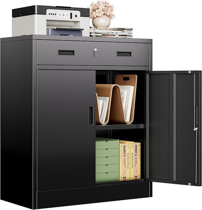 CJF Metal Storage Cabinet, Locking Storage Cabinet with 1 Drawer and Adjustable Shelf, 36" H x 28" W x 16" D Metal Cabinets for Office, Home, Garage -Black