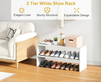 White Shoe Rack Organizer for Closet, 2-Tier Expandable Shoe Shelf, Stackable Iron Wood Combination Small Shoe Racks Shelves for Closets, Entryway,Small Space,Hallway,Garage,6-12 Pairs,Patent Pending