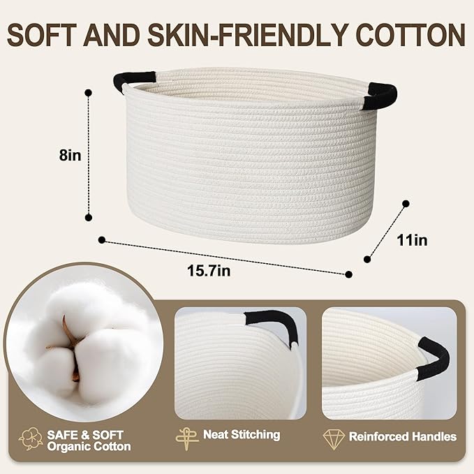 Woven Dog Toy Basket, 15.7"x11"x8" Cotton Rope Dog Toy Bin Box for Living Room, Decorative Cat Pet Supplies Puppy Bin with Handles, Soft Cat Toy Basket Organizer, Wicker Storage Holder, White