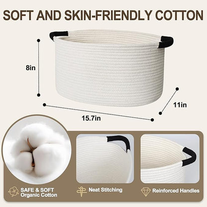 Woven Dog Toy Basket, 15.7"x11"x8" Cotton Rope Dog Toy Bin Box for Living Room, Decorative Cat Pet Supplies Puppy Bin with Handles, Soft Cat Toy Basket Organizer, Wicker Storage Holder, White