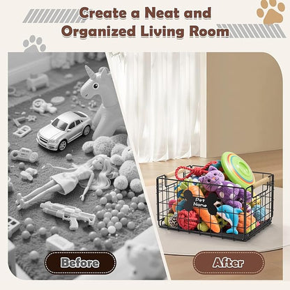 Dog Toy Basket, Chew-Proof Metal Dog Toy Bin with Handles, Pet Stuff Storage Organizer Box for Dogs with Marker Pen, Portable & Foldable Puppy Toys Basket for Living Room, 15.8''×11.8''×11.8''