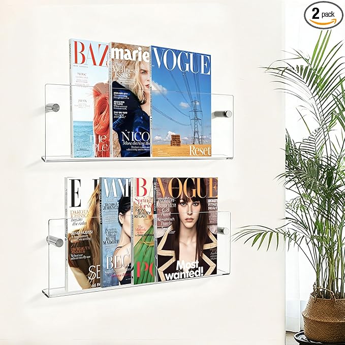 2 Pcs Clear Acrylic Magazine Holder Wall Mount, Hanging Bookshelf Magazine Rack, Floating Bookshelf for Literature Pamphlet Organizer for Room Office, Reception Area with Mounting Kit (Clear, 17 Inch)