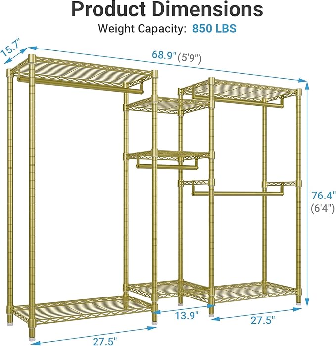 VIPEK Classic V6 Wire Garment Rack Heavy Duty Clothes Rack with 7 Adjustable Shelves & 4 Hanging Rods, Compact DIY Metal Clothing Racks 68.9" L x 15.7" W x 76.4" H, Max Load 840LBS, Gold