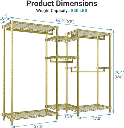 VIPEK Classic V6 Wire Garment Rack Heavy Duty Clothes Rack with 7 Adjustable Shelves & 4 Hanging Rods, Compact DIY Metal Clothing Racks 68.9" L x 15.7" W x 76.4" H, Max Load 840LBS, Gold