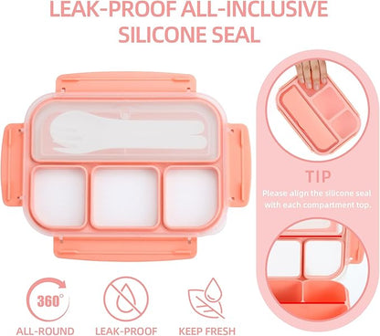 QQKO Bento Box Adult Lunch Box, Lunch Containers for Adults Men Women, Kids Lunch Boxes for School with 4 Compartments, Sauce Container, Utensils and Muffin Cups, Pink