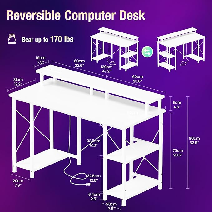DUMOS Gaming Desk Computer Office Desks with LED Lights Power Outlets, Monitor Stand Storage Shelves, Ergonomic White Office Table for Home Gaming Station 48 Inch White