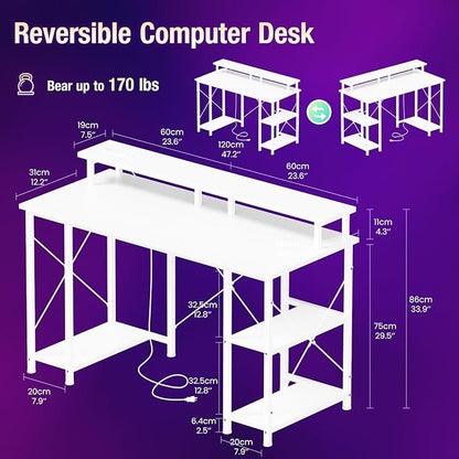 DUMOS Gaming Desk 48 inch Computer Office Desks with LED Lights Power Outlets, Monitor Stand Storage Shelves, Ergonomic White Office Table for Home Gaming Station