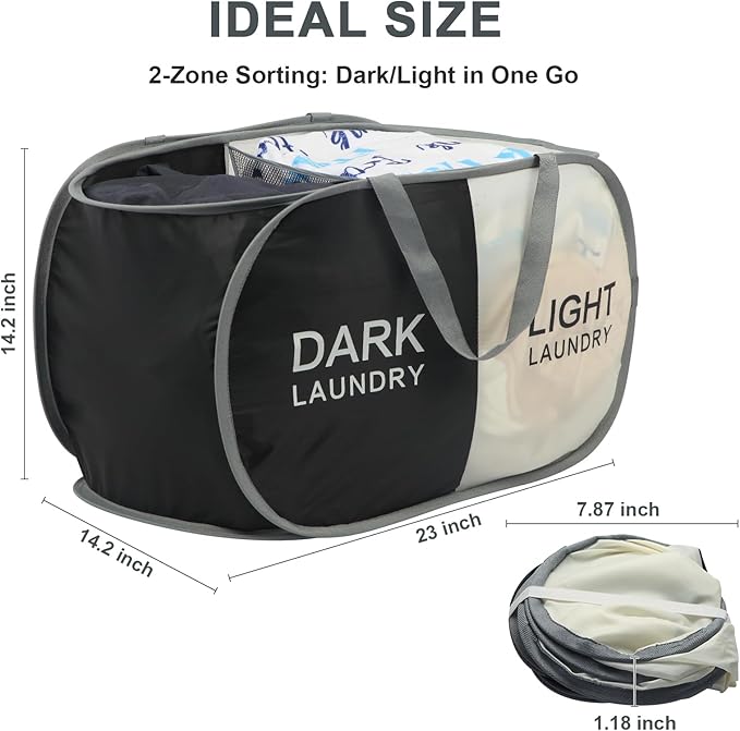 Seefoo Dual Compartment Laundry Hamper with Handles, Collapsible Laundry Baskets 2-Section, Dark/Light Labeled Storage Foldable Clothes Hamper for Laundry, Portable for Small Spaces, Apartment, Dorm