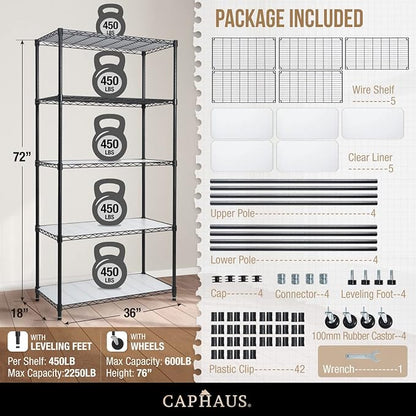 CAPHAUS NSF Commercial Grade Heavy Duty Wire Shelving w/Wheels, Leveling Feet & Liners, Storage Metal Shelf, Garage Shelving, Utility Wire Rack Storage Shelves, w/Liner, 36 x 18 x 76 5-Tier