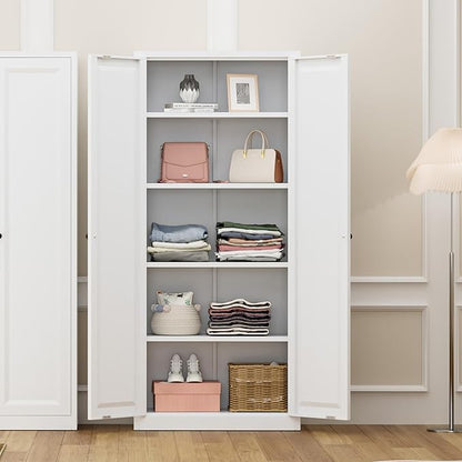 Greenvelly Metal Cabinet, 63" H White Metal Storage Cabinet with Doors and 4 Shelves, Pantry Storage Cabinet for Kitchen, Bedroom, Living Room, Office (Modern)