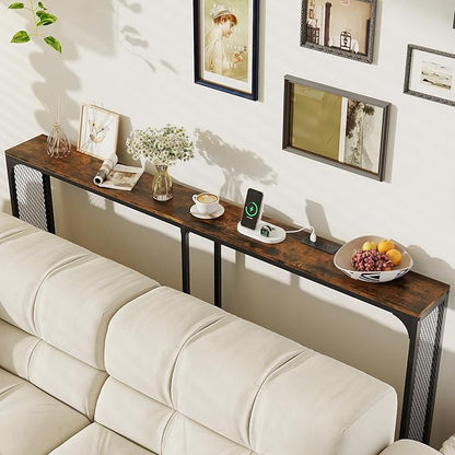 Giantex 71" Narrow Console Table with 2 Power Outlets and USB-C Ports, Sofa Tables with Charging Station & Metal Frame, Skinny Behind Couch Tables, Long Entrway Tables for Living Room, Rustic Brown