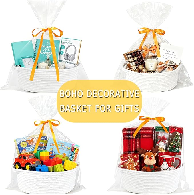 Gift Basket Empty, Small Woven Storage Basket with Gift Bags & Ribbons, Cotton Rope Room Shelf Storage Basket with Handle for Organizer Nursery Bins or Baby Shower 12" x 8" x 5" (White, 2 Pack)