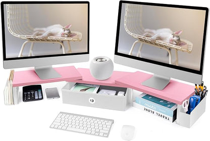 Dual Monitor Stand Riser With Drawer & Metal Leg, Large Desk Shelf For 2 Monitors w/ Adjustable Length & Angle, Desktop Organizer For Laptop/TV/Printer