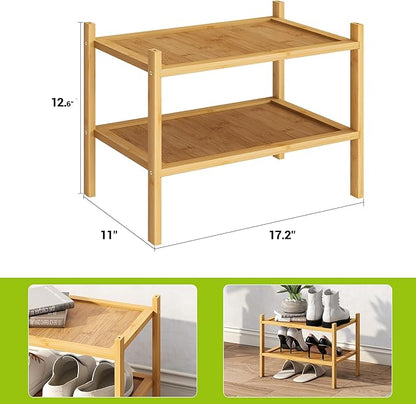 BMOSU 2-Tier Bamboo Small Shoe Rack Premium Stackable Shoe Shelf Storage Organizer for Hallway Closet Living Room Entryway Organizer(Natural)
