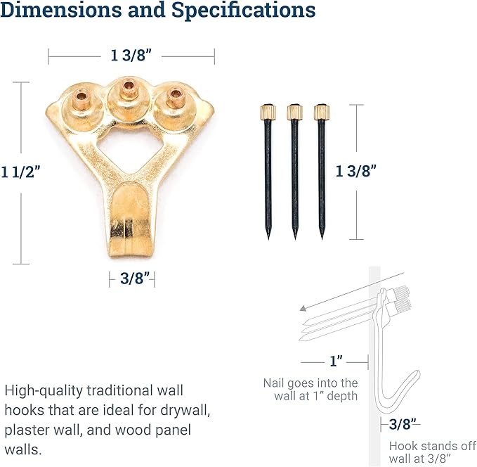 PHS 100 lb Picture Hanging Hooks – Heavy Duty Picture Hangers, 10 Pack Frame Hangers with Nails, Mirror Hanging Kit, Heavy Mirror Mounting Hardware for Drywall and Plaster