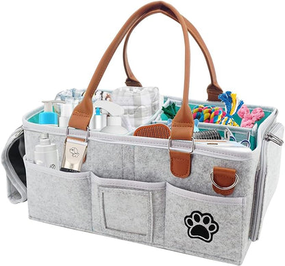 Felt Dog Grooming Bag,Portable Tote Bag for Dogs Cats,Dog Storage Organizer for Grooming Tool Kit,3 Compartments Pet Stuff Oganizers with 8 Pockets-Grey