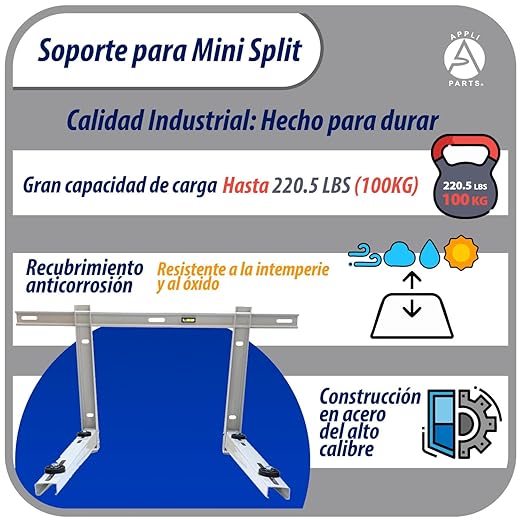 Appli Parts soporte para unidad condensadora de aire acondicionado tipo mini split hasta 160kg incluye barra transversal con nivel, pernos y gomas de fijacion APAB-3160