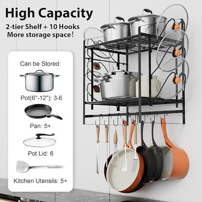 17 Inch Pot Rack Wall Mounted, 2 Tier Pots and Pans Organizer with 10 Hooks and 6 Pot Lid Holders, Heavy Duty Steel Pot and Pan Hanger for Kitchen Cookware Utensils Storage 24" Lx13 Wx20.5 H