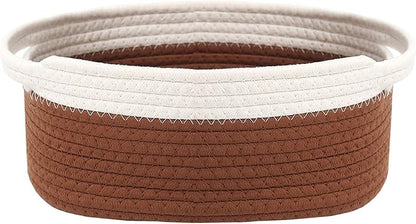 Woven Basket,Small Rope Storage Bin with Handles & Ribbon Bag, Organizer for Shelves Closets,Gift Basket Empty for Birthday,Books,Dog Toys, White&Brown