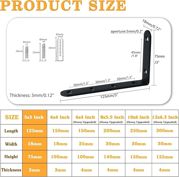 Alise Floating Shelf Bracket,12Pcs Heavy Duty L Bracket Corner Brace,5'' x 3'' Stainless Steel Corner Bracket Joint Angle Brackets for Hanging Support Shelves Support DIY,Black Finish