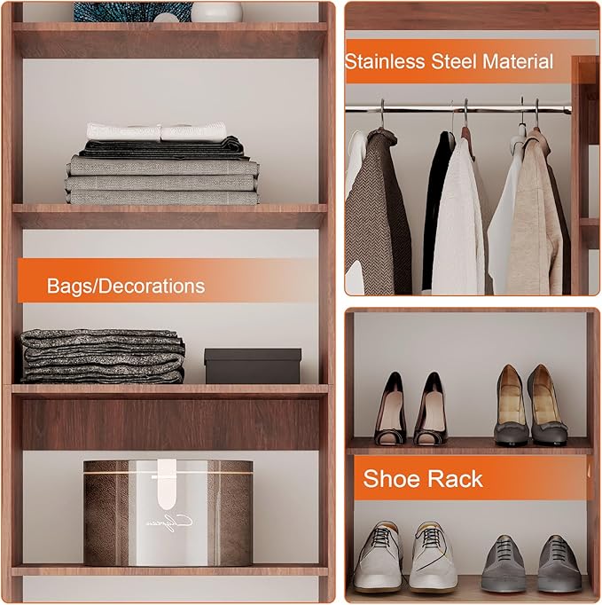 Wall-Mounted Closet Organizer System with Adjustable Shelves and Hanging Rods – Modern Open Wardrobe, Walnut