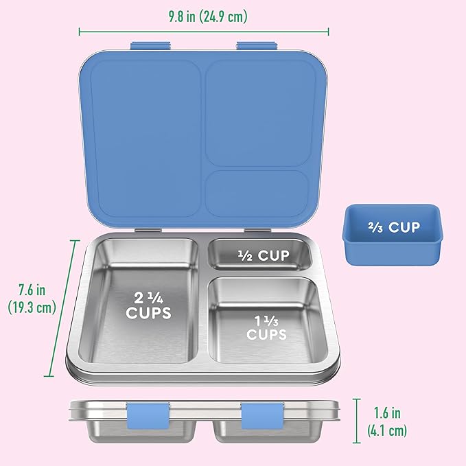 Bentgo Kids Stainless Steel Prints Leak-Resistant Lunch Box - 3-Compartments with Silicone Container, Durable, Eco-Friendly, Dishwasher Safe, BPA-Free, for School, Ages 3+ (Rainbows & Butterflies)