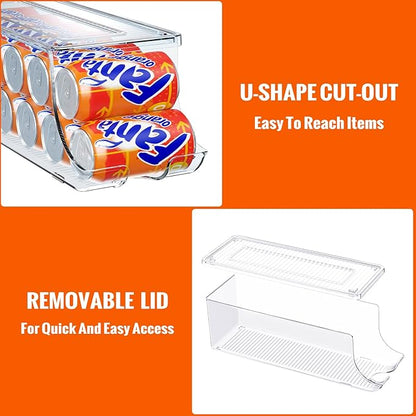 2 Pack Soda Can Organizer for Refrigerator, Stackable Canned Food Pop Cans Container Can Holder Dispenser with Lid for Fridge Rack Freezer, Clear Storage Bins-Holds 12 Cans Each (Clear)