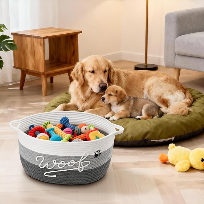 Woof Dog Toy Basket with Handles, Large Dog Toy Storage Bin with Paw Print, Woven Dog Basket for Blankets, Toys, Chews, Pet Toy Box for Nursery, Living Room, Bedroom, 17”x12”x9, Grey